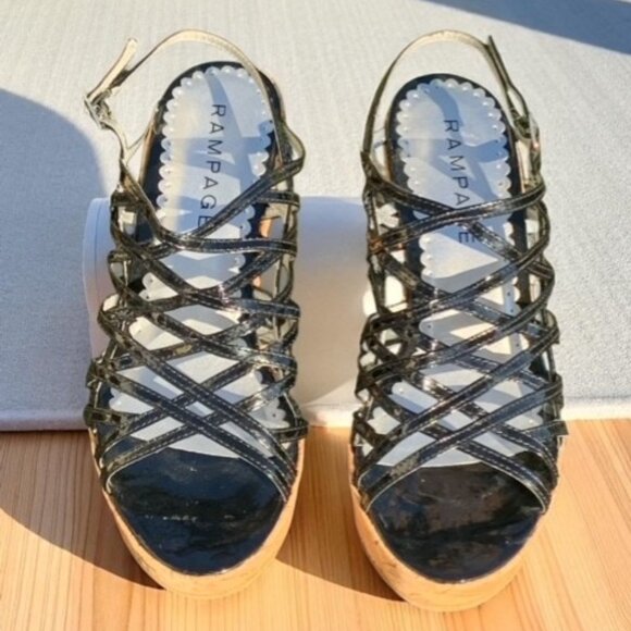 Rampage Black Patent Strappy Wedge Heels Size 8 - Picture 2 of 5
